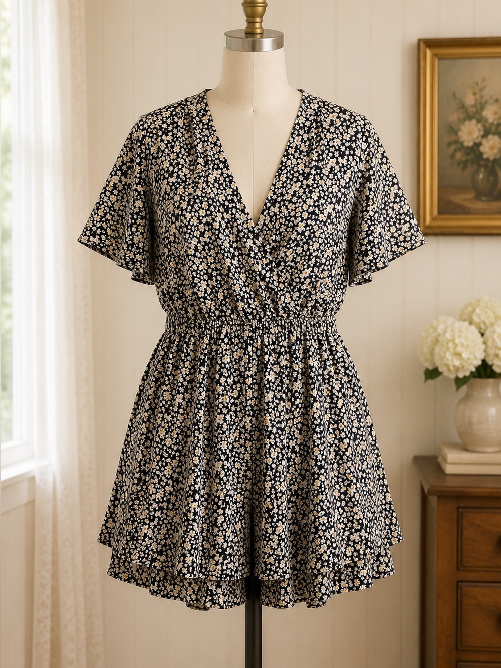 ARULA Black Floral Romper with White and Yellow Daisies